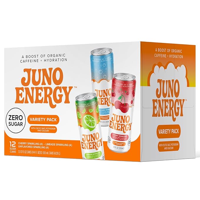 JUNO ENERGY Variety Pack - Sugar Free Electrolytes 125mg Organic Caffeine from Green Coffee Beans Hydrating with Stevia Sweetener Organic Lime &amp Cherry Juice - Vegan Gluten Free 12 Pack