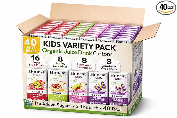 Kids Variety Pack Organic Juice Drink Cartons 40 Count (6 fl oz Each) – Super Fruit Punch Appley Ever After Berry Good Lemonade &amp Goodness Grapeness – USDA Organic No Added Sugar