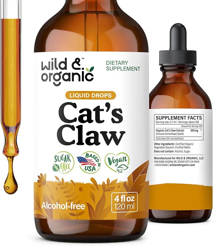 Wild &amp Organic Cats Claw Herb Supplement - Immune Support - Pure Cats Claw Tincture - Add to Tea Liquid Drops - Uncaria Tomentosa Bark - Vegan Sugar &amp Alcohol-Free - 4 fl oz