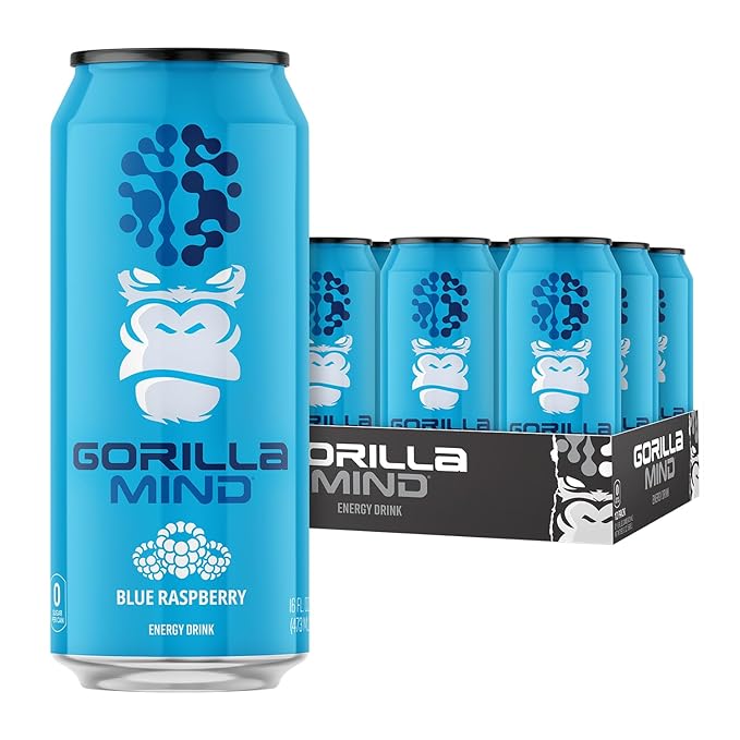 Gorilla Mind Energy Drink | Unmatched Energy · Amplified Focus | N-Acetyl-L-Tyrosine Alpha-GPC 200mg Caffeine Uridine Saffron | 0 Sugar Or Artificial Colors | 16oz 12-Pack (Blue Raspberry)