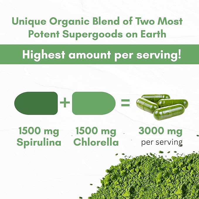 Chlorella Spirulina Powder Capsules 3000 mg of BMAA Free Purest Blue Green Algae - Best Natural Detox Raw Vegan Vitamins Protein Green Superfood - Made in USA
