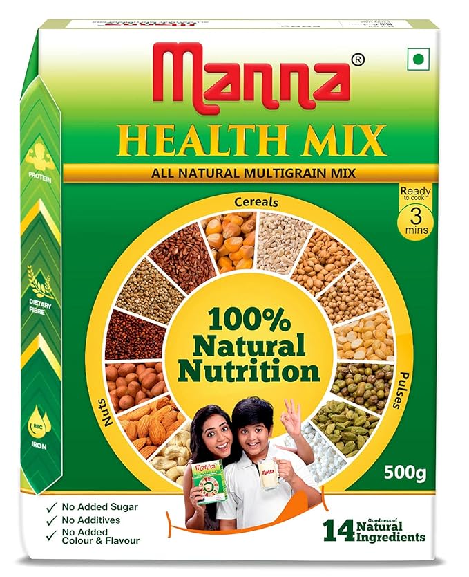 Manna Health Mix | 100% Natural Multigrain Nutrition Drink for Kids | Multi Millet Health Drink Mix Powder 1kg (500g x 2 Packs) | 14 Natural Ingredients