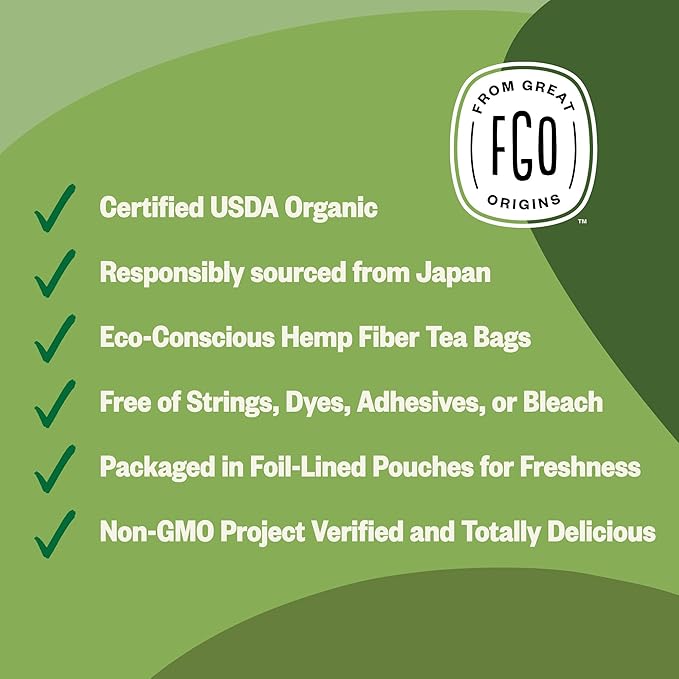 FGO Organic Japanese Matcha + Green Tea 100 Count Eco-Conscious Tea Bags Resealable Bag Packaging May Vary (Pack of 1)