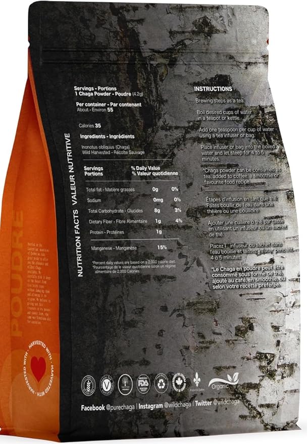 Premium Organic Chaga Mushroom Powder - 8 oz of Authentic 100% Wild Harvested Canadian Chaga Tea