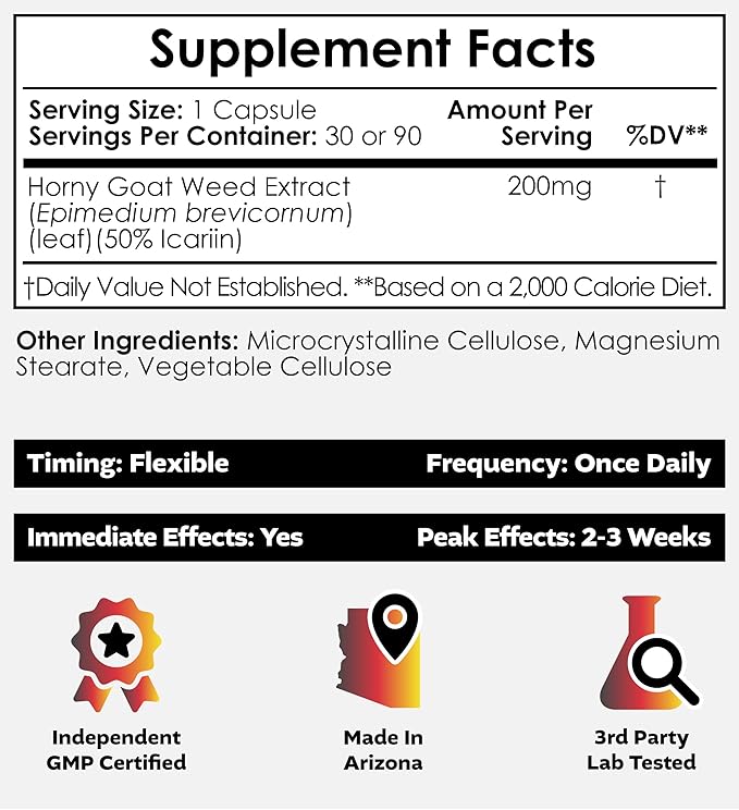 Nootropics Depot Horny Goat Weed Capsules | 200mg | 30 Count | Minimum 50% Icariin | Epimedium brevicornum