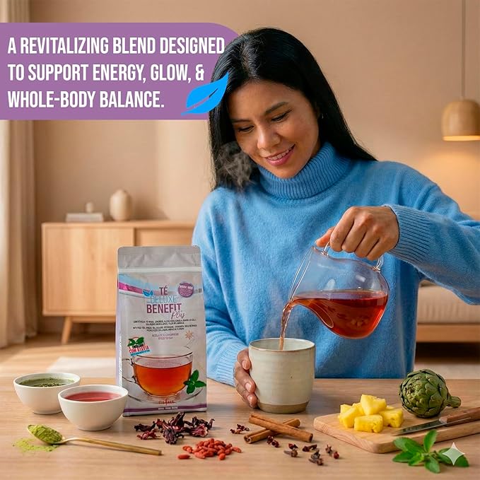 Té Deluxe Benefit Plus – Premium Herbal Tea Blend with Green &amp Red Tea Ginger Artichoke Hibiscus &amp Spices. Natural Flavor Stevia Sweetened - 60 Servings