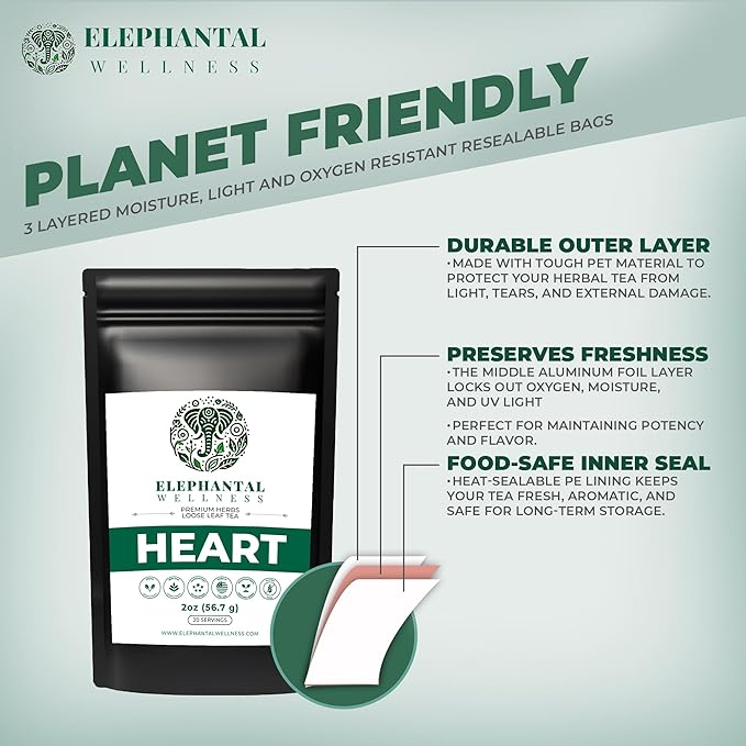 Elephantal Wellness Heart Herbal Tea – Herbal Loose Leaf Tea for Circulation &amp Cardiovascular Support with Hawthorn Cinnamon Ginger &amp Turmeric – Lightly Caffeinated Green Tea Blend 2oz 20