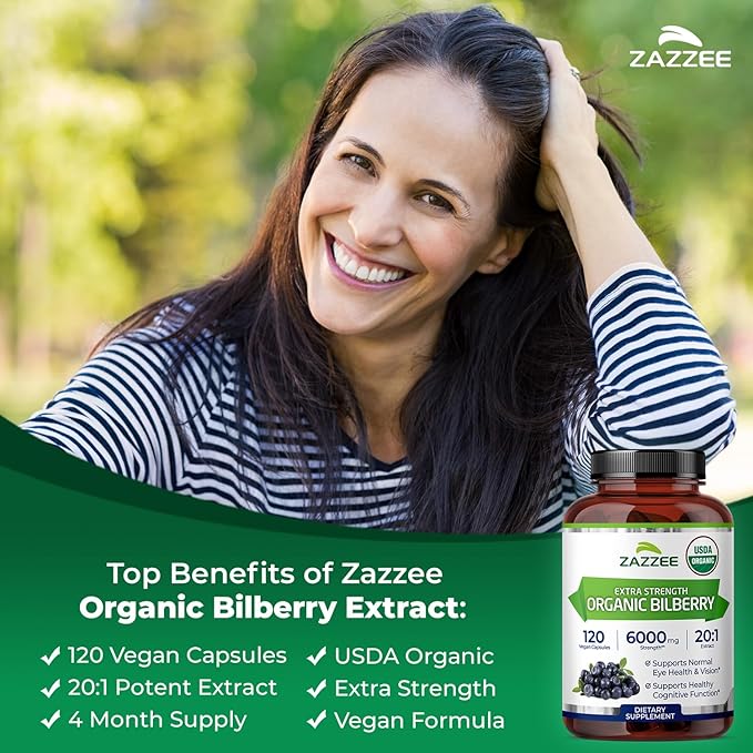 Zazzee USDA Organic Bilberry 20:1 Extract 120 Vegan Capsules 4 Month Supply Vaccinium Myrtillus Eye Health Vision &amp Antioxidant Support All-Natural Non-GMO Made in the USA