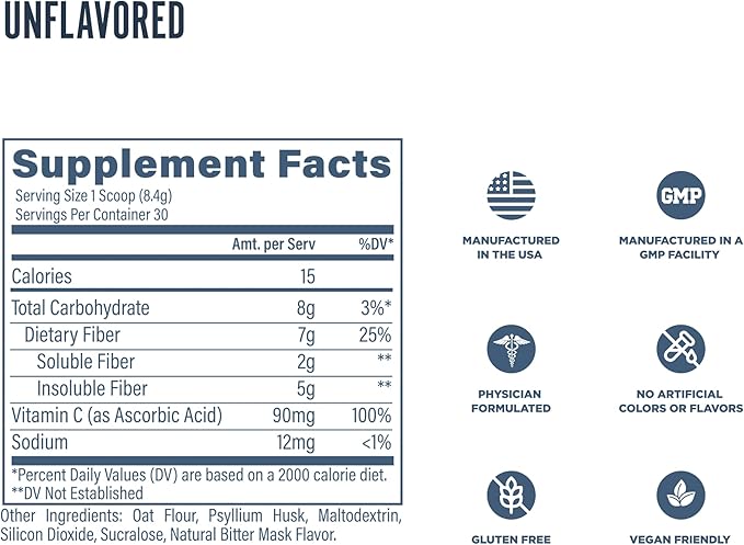 Revive MD Fiber Supplement for Digestive &amp Gut Health - 5g of Dietary Fiber Supports a Healthy Digestive System with Psyllium Husk &amp More - (Unflavored 30 Servings)