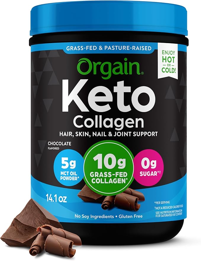 Orgain Keto Collagen Protein Powder Chocolate - 10g Grass Fed Hydrolyzed Collagen Peptides for Women &amp Men Type I &amp III 5g MCT Oil - Hair Skin Nail &amp Joint Support Non-GMO Gluten F