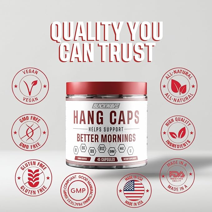 BlackWave Hang Caps - Recovery Capsules After Drinking Aid - DHM (Dihydromyricetin) After Alcohol Recovery Supplement - Hangover Relief with Ginger Milk Thistle and B vitamins - 45 Liver Aid Capsules