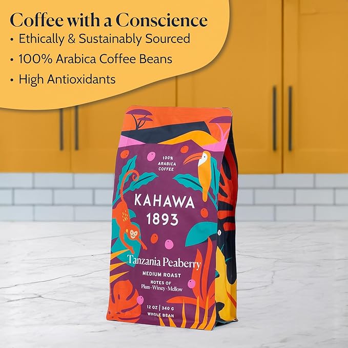 Kahawa 1893 Whole Bean Coffee Medium-Roast Tanzania Peaberry Blend 24 Oz - As Seen on Shark Tank High Antioxidants Naturally Sweet Organically Grown Ethically &amp Sustainably Sourced (Pack of 2)