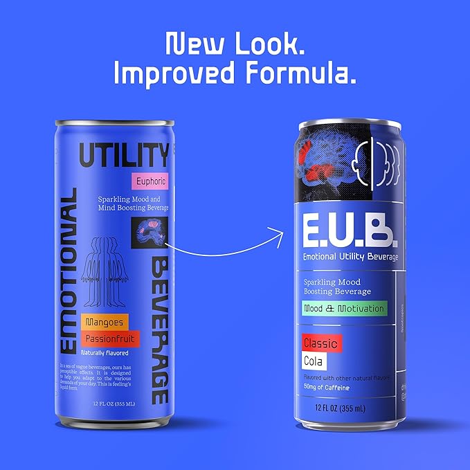 E.U.B. Classic Cola Sparkling Functional Beverage 12oz Can 50mg Caffeine 25 Calories with Nootropics &amp Adaptogens for Mood &amp Energy Support