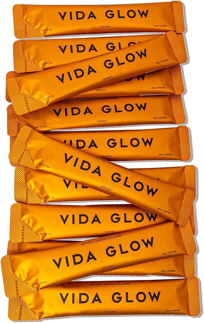 Vida Glow Marine Collagen Powder - Anti Aging Supplement with Collagen Peptides Promotes Glowing Skin Strong Nails Healthy Hair | 30 Servings Mango Flavor