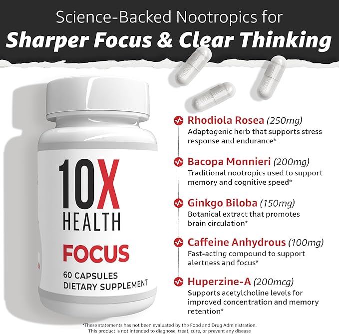 10X Health Focus Rhodiola Rosea - Brain Supplements for Memory and Focus - 60 Capsules Focus Supplement Memory Supplement for Brain Health with Ginkgo Biloba Huperzine A - Ginkgo Biloba Capsules