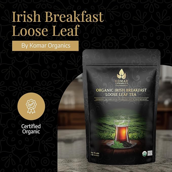 Komar Organics Irish Breakfast Tea – 16Oz USDA Organic Black Loose Leaf Tea – Certified Kosher Ceylon and Assam Black Tea Loose Leaf Rich in Antioxidants – Energy Boosting Organic Black Tea for Mornin