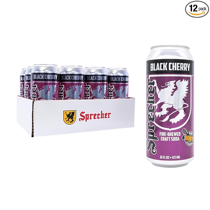 Sprecher Black Cherry Soda 16 fl oz Cans (12 Pack) Fire-Brewed with Real Honey &amp Door County Cherry Juice – Handcrafted Caffeine-Free Gourmet Beverage