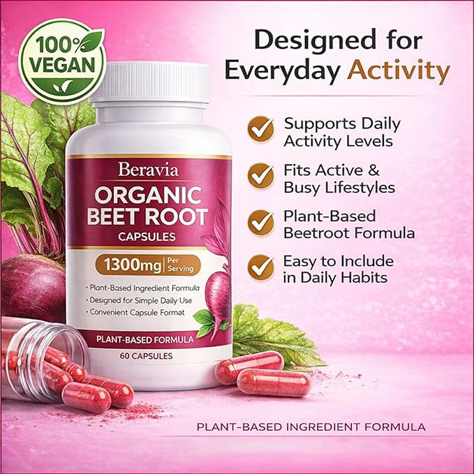 Organic Beet Root Capsules – 1300 mg Beetroot per Serving Supports Circulation &amp Daily Energy for Active Lifestyles Plant-Based Antioxidant Formula 60 Capsules (1)