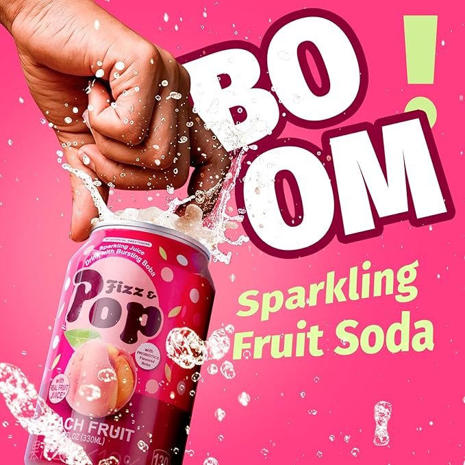 NÜLIFE Fizz &amp Pop Sparkling Popping Boba Drink Peach Carbonated Drink with Yogurt Style Bursting Pearls Sparkling Juice in Can Caffeine-Free Authentic Taiwan Sparkling Boba Fruit Juice 11.2 F