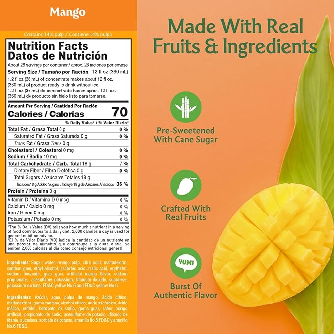 Frutiva Authentic Mango Drink Mix | Made in Mexico with Cane Sugar | Aguas Frescas Concentrate Makes 2.6 Gallons Per Bottle | No High Fructose Corn Syrup | Perfect for Drinks Desserts &amp More | 12