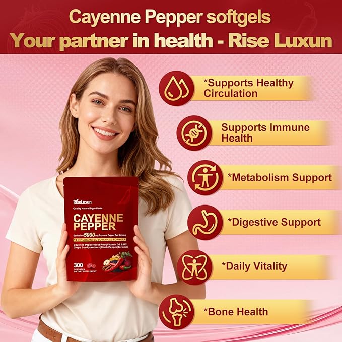 12-in-1 Cayenne Pepper Capsules Supplement* 5000mg Per Serving Containing | Vitamin D3 K2+E &amp Extracts of Grape Seed Hawthorn Beetroot Berberine Other Extracts
