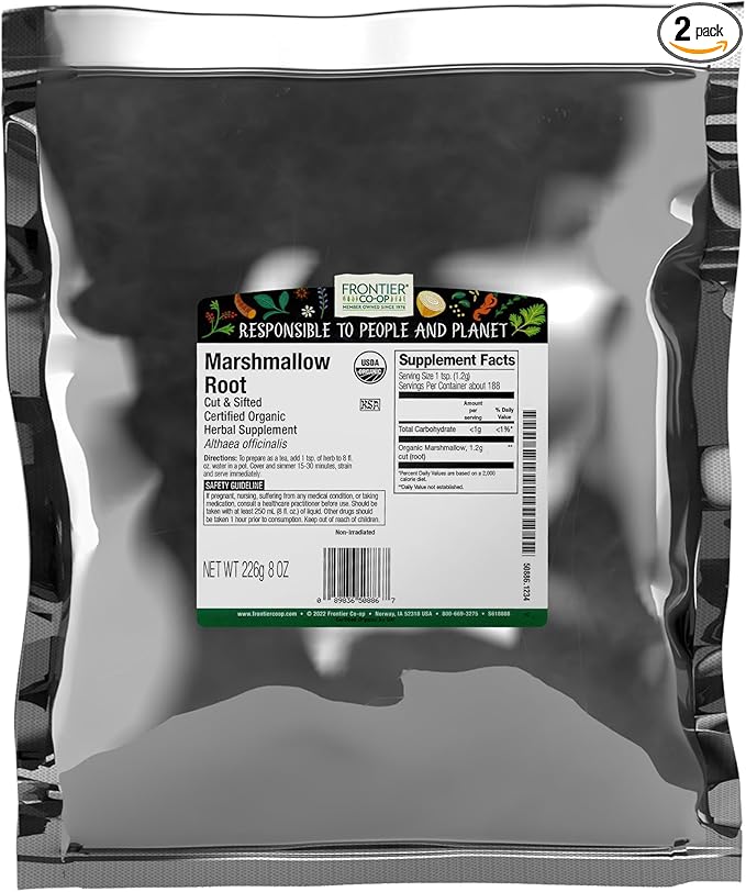 Frontier Co-op Organic Marshmallow Root Herb Cut and Sifted - For Marshmallow Root Tea Powder Capsules and More - Kosher | 16 Ounce (Pack of 2)