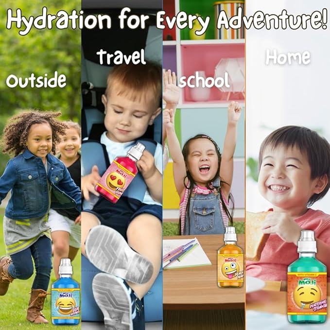 MOJI-MOJI Kids Vitamin Drink – with Vitamins A B &amp E Fun Emoji Bottles 4 Flavors Sports Cap Spill-Resistant 10.1 Fl Oz Pack of 24