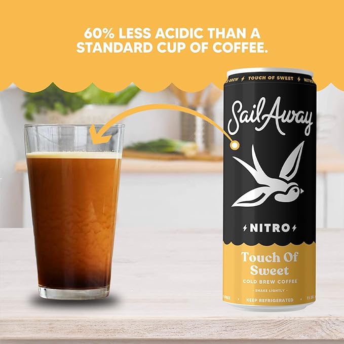 Sail Away Coffee Co. Sail Away Coffee Nitro Cold Brew Coffee Cans - Less Acidic Coffee Beverages | Draft Nitrogen Pour 220mg Caffeine Gluten Free Organic Keto Touch of Sweet 6 Pack