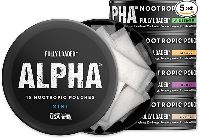 Fully Loaded Alpha Nootropic Pouches (Variety Pack) - 5 Cans - 15 Pouches per can - Effective Nootropic Delivery Nic Pouch Replacement - Faster Absorption Alpha GPC L-Tyrosine GABA