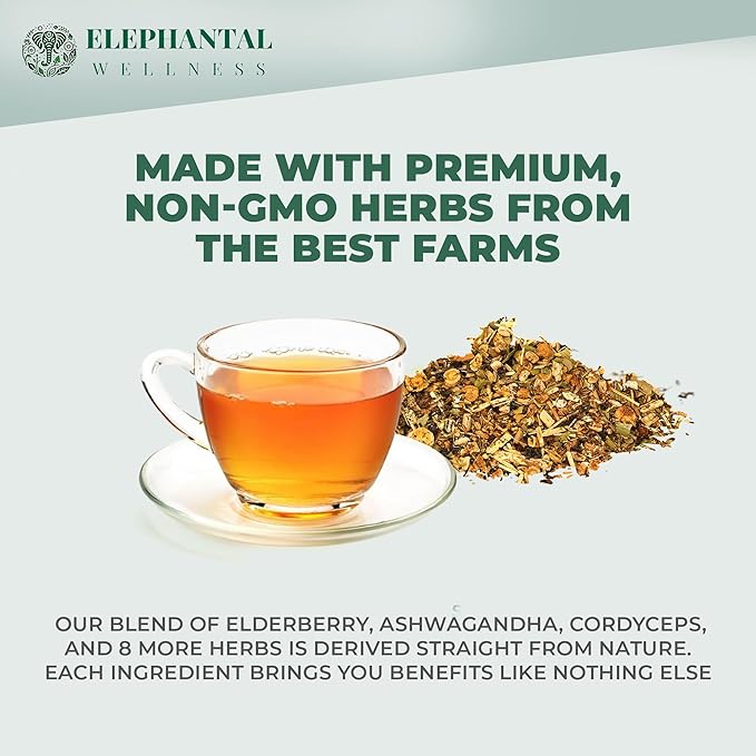 Elephantal Wellness Premium Immuni-Tea | Immune System &amp Respiratory Support with Reishi Clove Echinacea &amp Elderberry | Handmade Caffeine-Free Non-GMO Loose Leaf Blend 2oz 20 Servings