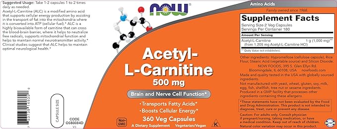 NOW Foods Now Acetyl L Carnitine 500mg 360 Veg Caps (Pack of 2) - Non-GMO ACL 500 mg Capsules Supplement for Men and Women