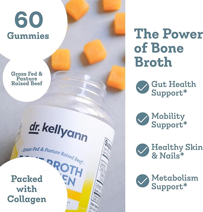 Dr. Kellyann Collagen + Bone Broth Gummies Lemon | Gut Skin Joint &amp Hair Support | Grass-Fed Beef | Non-GMO Dairy-Free Soy-Free | 60 Gummies