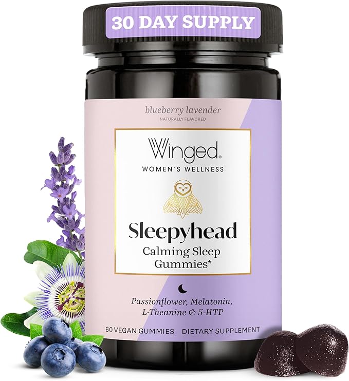 Winged Wellness Sleepyhead Natural Sleep Gummies for Women - Prime Sleep Support Aid for Adults with 3mg Melatonin L-Theanine 5-HTP - Blueberry Lavender Flavored - 30 Servings
