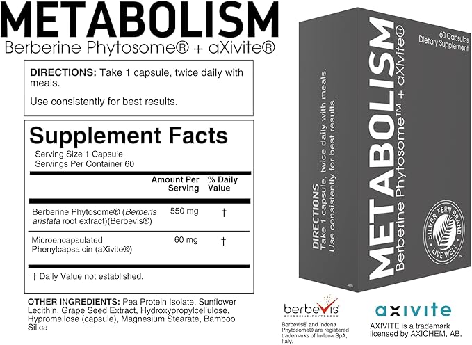 Silver Fern Brand Metabolism Supplement + Berberine Phytosome &amp aXivite – Supports Function &amp Wellness – 60 Capsules