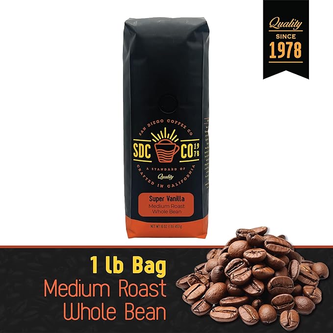 San Diego Coffee Super Vanilla Medium Roast Whole Bean Coffee 16-Ounce Bag Café en grano tostado