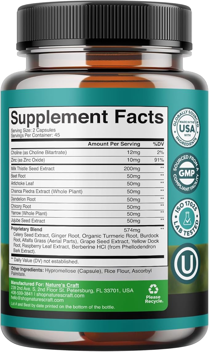 Natures Craft Liver Cleanse Detox &amp Repair - Herbal Liver Support Milk Thistle Supplement - Silymarin Milk Thistle Supplements with Dandelion Root Choline Beetroot &amp Artichoke Extract - 90 C