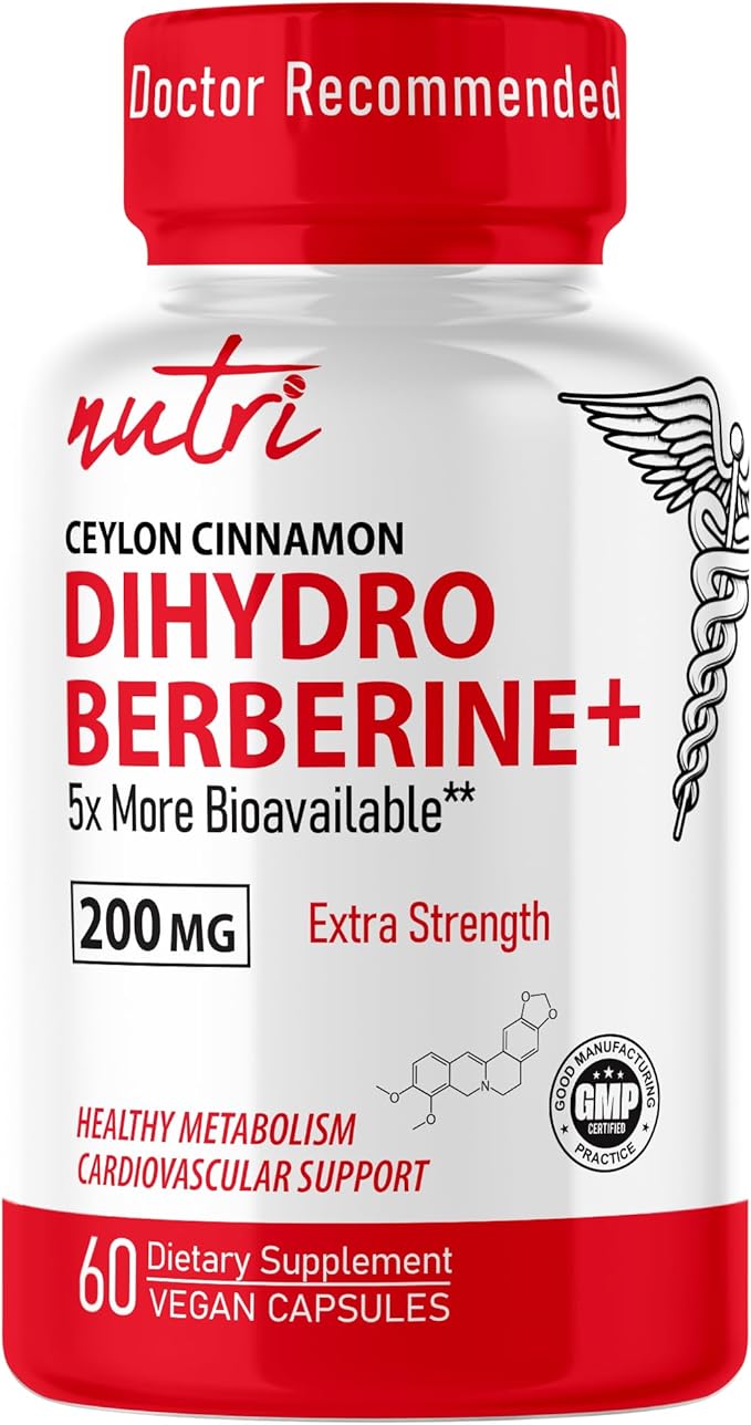 Dihydroberberine Supplement 200mg 60 Capsules - with Organic Ceylon Cinnamon 54X More Bioavailable Than Regular Berberine HCL - Nutri Supplements Dihydroberberine 200mg - 3rd Party Tested - Vegan