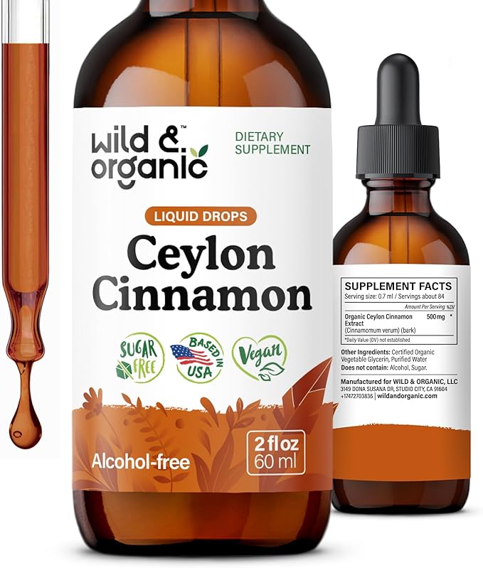 Wild &amp Organic Ceylon Cinnamon Extract Liquid Drops 500mg - Liquid Cinnamon Supplements for Overall Support - Cinnamomum Verum Bark Tincture - Vegan Sugar &amp Alcohol-Free Non-GMO - 2 fl oz