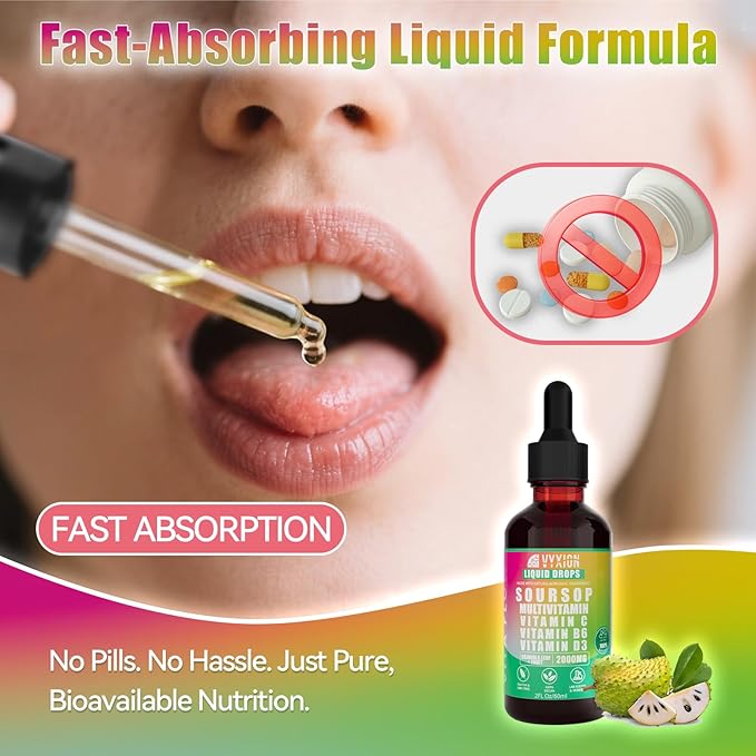 Vyxion Soursop Bitters Liquid Soursop Multivitamin Drops - 2000mg 10:1 Extract from Fruit &amp Leaf Vitamin B6 C D3 Graviola Liquid Drops | Vegan Non-GMO | 2 Fl Oz