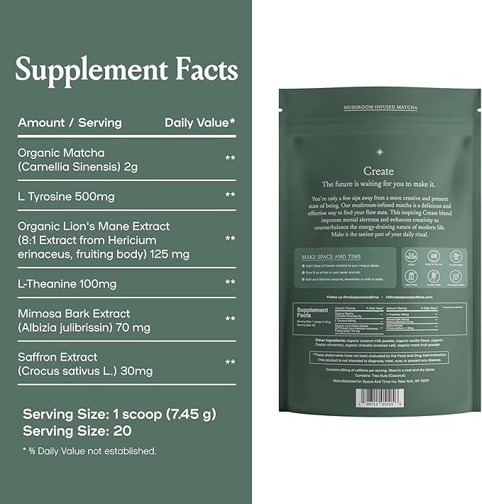 SPACE AND TIME Create - Mushroom Matcha Tea - 20 Cups of Creativity Energy &amp Enhanced Mood - Organic Matcha Powder with Lions Mane L-Theanine &amp Saffron