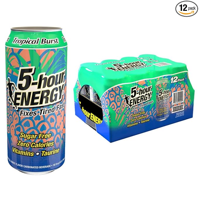 5-hour ENERGY Extra Strength Energy Drink | Tropical Burst Flavor 16 oz. Cans 12 Count Sugar-Free &amp Zero Calories Vitamins Amino Acids Contains Carbonation 230mg of Caffeine 192 ounces (16 Fl Oz (