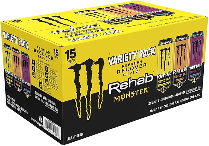 Monster Energy Rehab LPWBT Variety Pack Energy Iced Tea 15.5 Ounce | Pack of 15