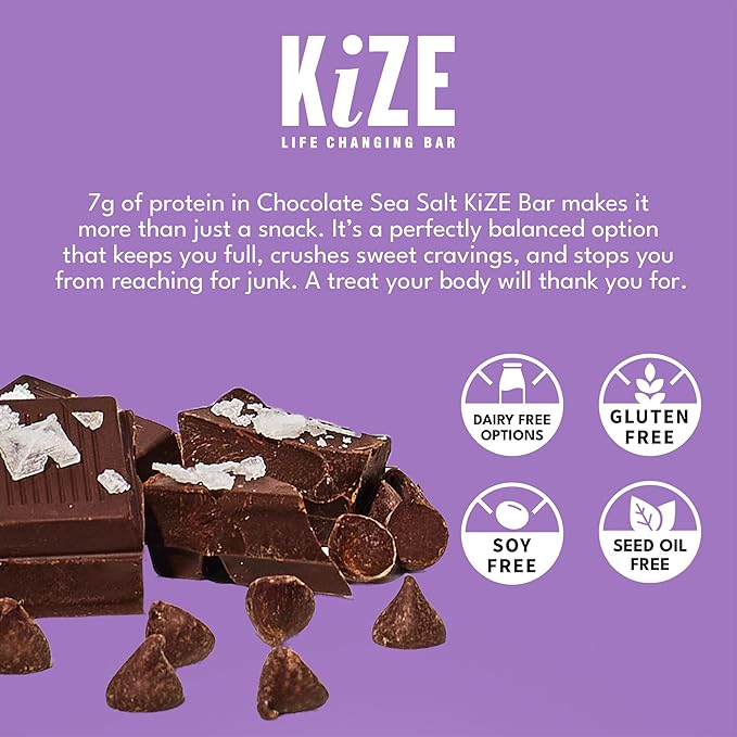 KiZE Energy Bars - Chocolate Sea Salt - Gluten Free Dairy Free Non-GMO and High Protein Meal Replacement Energy Bars Meal Bas Clean &amp Simple Food Ingredients - 7g High Protein Snacks (10 Cou
