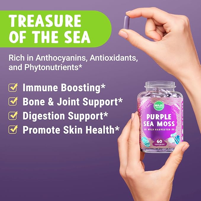 MAJU's Powerful Purple Sea Moss Capsules (60 ct) Extra-Strength Purple Minerals Chondrus Crispus Stronger Than Gel Compare to Organic Irish Seamoss Capsule Wild Harvested Powder Pills