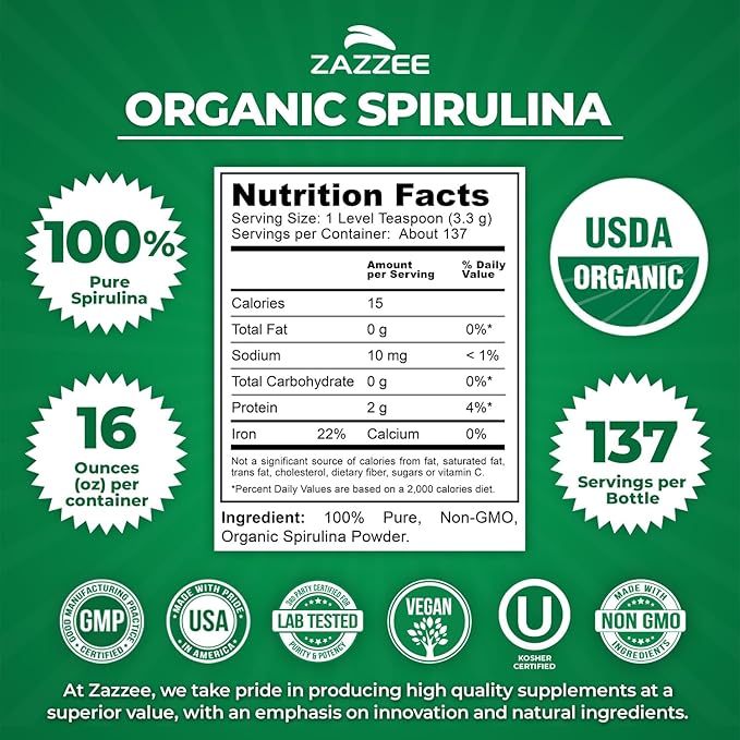 Zazzee USDA Organic Spirulina Powder 16 Ounces (1 LB) 137 Servings Certified Kosher 100% Pure Non-Irradiated Mess-Free Wide Mouth Container Fresh Smell and Neutral Taste Non-GMO Made in USA