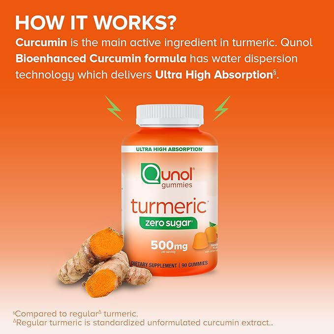 Qunol Zero Sugar Turmeric Gummies Gummy with 500mg Turmeric Curcumin Joint Support Supplement Ultra High Absorption Turmeric Curcumin Vegetarian Gluten Free 90 Count