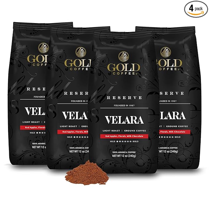 Gold Coffee Co. Velara Premium Blend | Light Roast Ground | 100% Arabica Coffee | 12 oz. (Pack of 4)