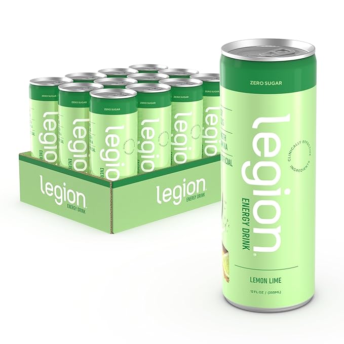 Legion Energy Drink - Naturally Sweetened and Flavored Healthy Energy Drinks - Sugar Free Energy Drinks w/Natural Caffeine Theanine Taurine Citicoline and B Complex Vitamins (12 Pack) Lemon Lime