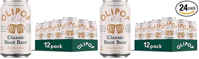 OLIPOP Prebiotic Soda Pop Classic Root Beer Pantry Pack Packed with Prebiotics Fiber and Botanicals Gluten Free Vegan GMO Free 12oz (Pack of 24)