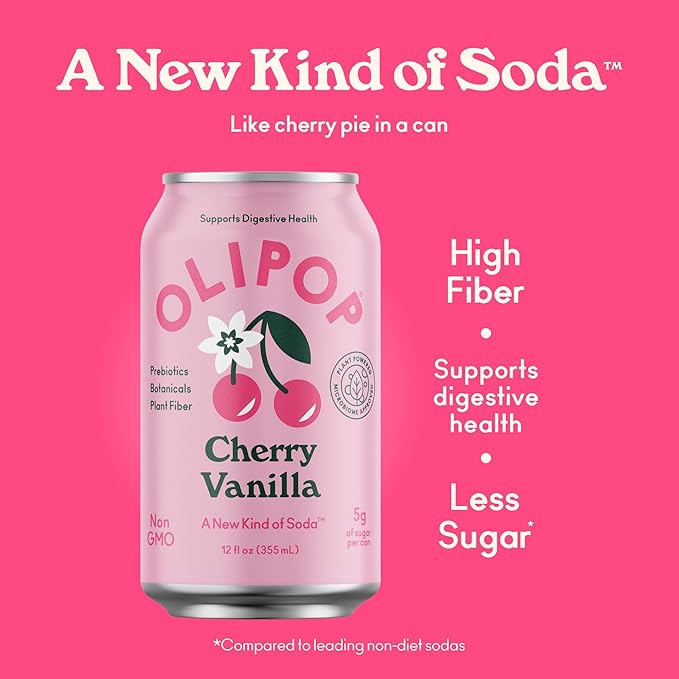 OLIPOP Prebiotic Soda Pop Cherry Vanilla A New Kind of Soda Packed with Prebiotics Fiber and Botanicals Gluten Free GMO Free 12oz (12-Cans)